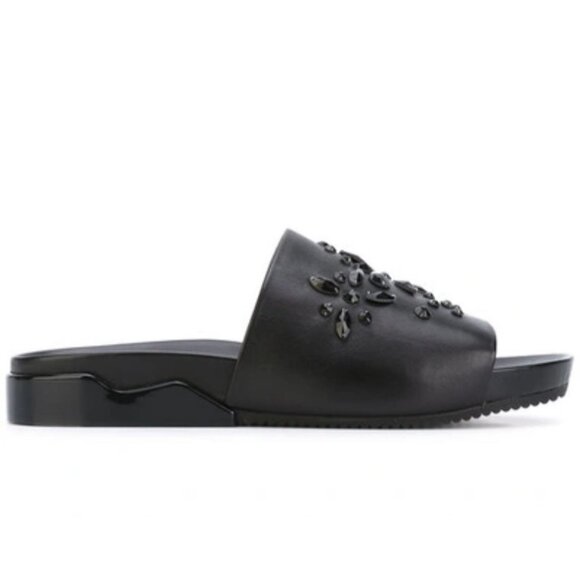 NWOB Tory Burch Brae Crystal Embellished Black Leather Slip on Slides Shoe 9 - Picture 1 of 11